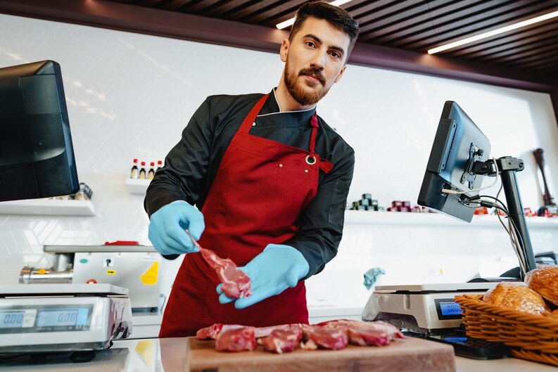 Freshly packaged frozen meat displayed in a Dubai meat shop, ready for delivery.